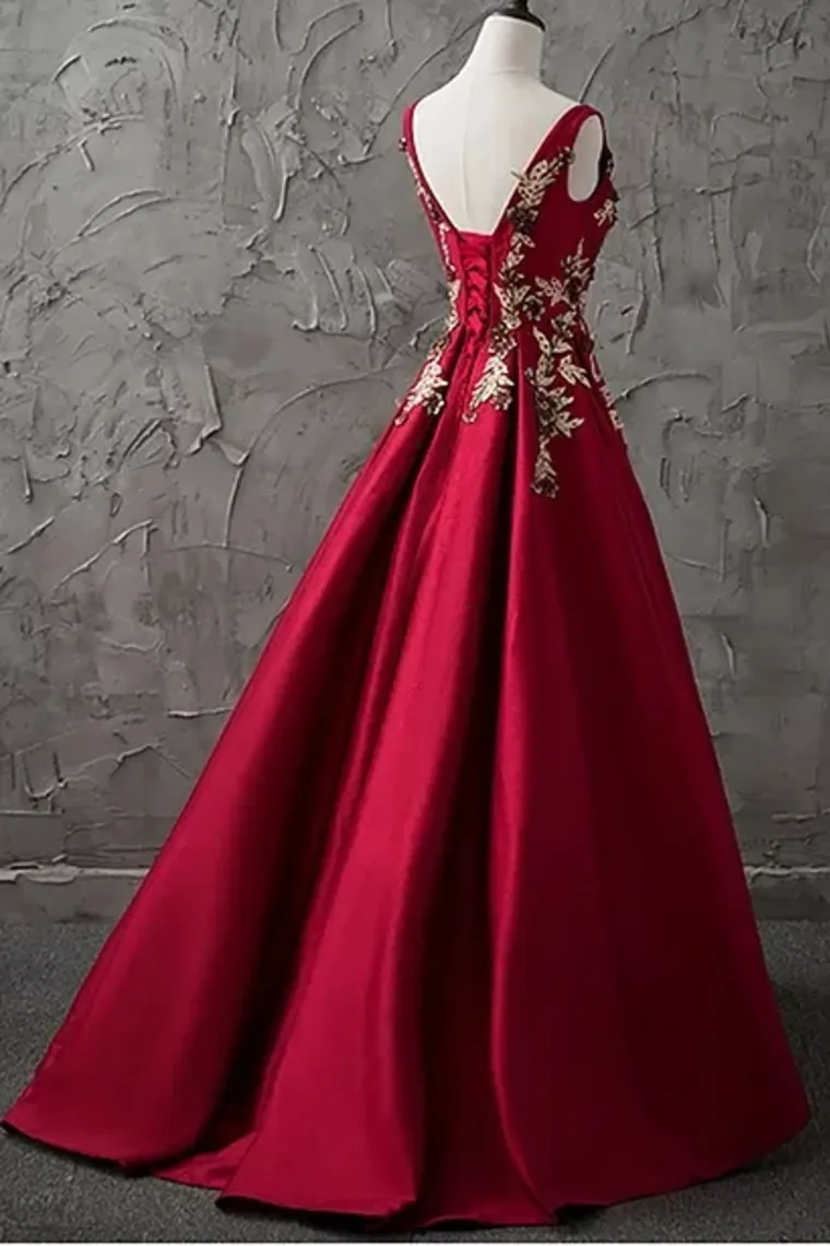 A-Line Bateau Floor-Length Sleeveless Satin Prom Dress/Evening Dress Appliques,JL20024