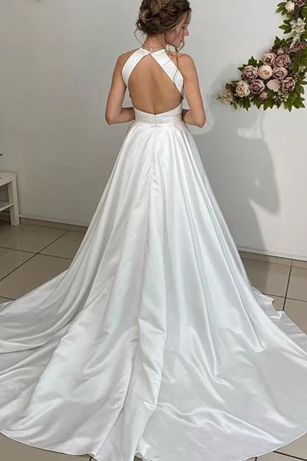 A-line Halter Neckline Backless Long Satin Wedding Dresses With Beading Belt WD562