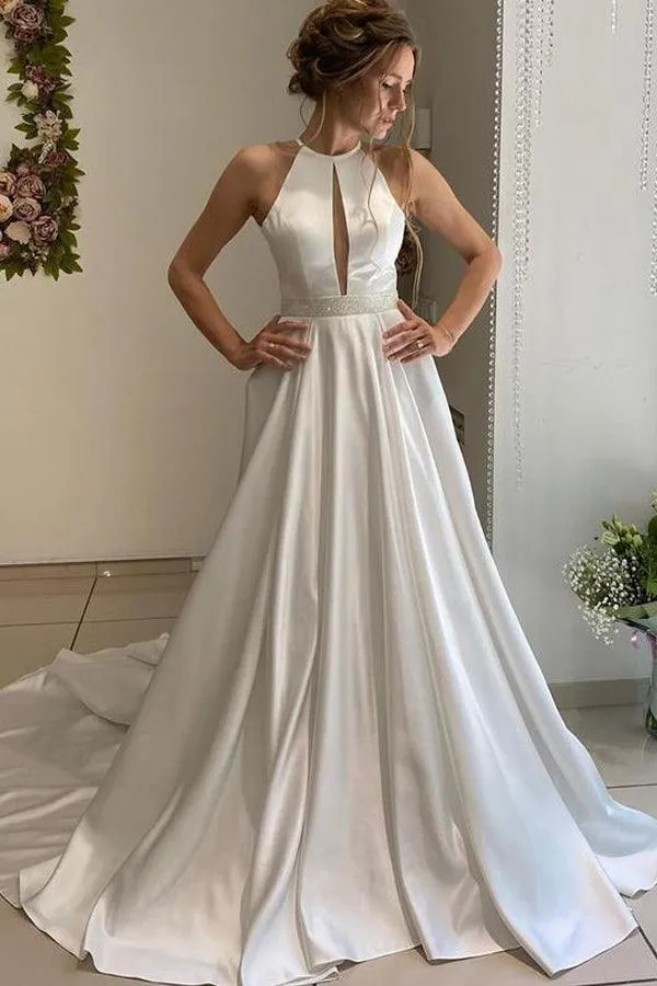 A-line Halter Neckline Backless Long Satin Wedding Dresses With Beading Belt WD562