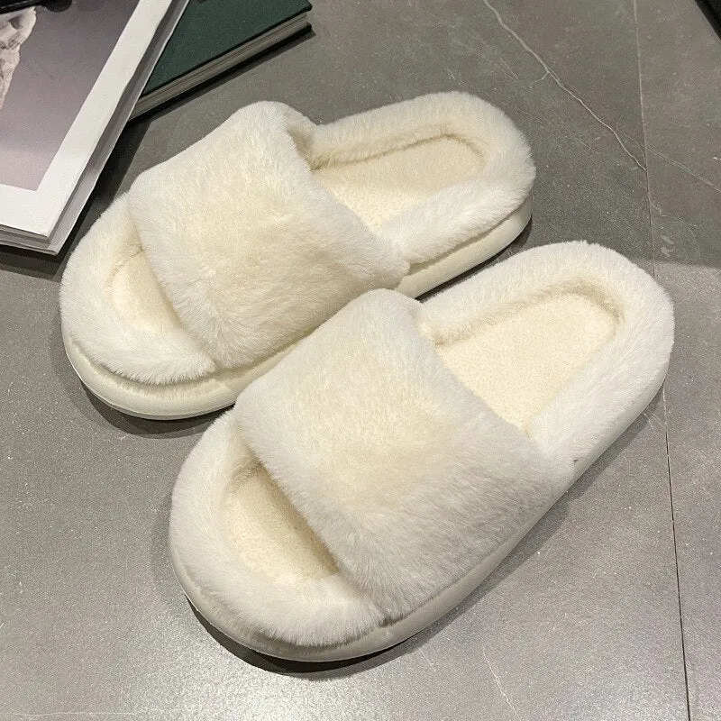 Amozae-Back to College Women's Furry Slippers for Home Winter Indoor Wear Non-slip Thick Soled Fashion Soft Cotton Shoes Woman Large Size Fur Slides