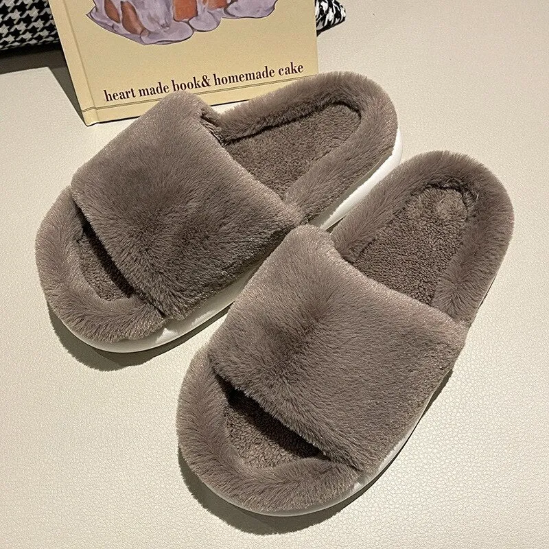 Amozae-Back to College Women's Furry Slippers for Home Winter Indoor Wear Non-slip Thick Soled Fashion Soft Cotton Shoes Woman Large Size Fur Slides