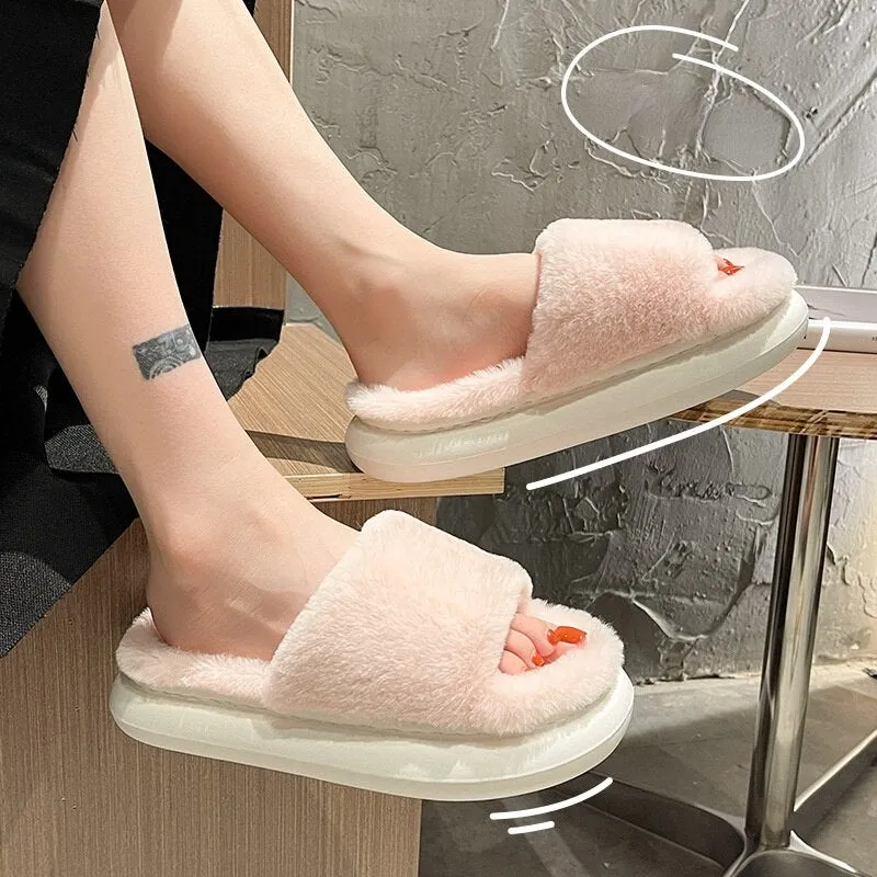 Amozae-Back to College Women's Furry Slippers for Home Winter Indoor Wear Non-slip Thick Soled Fashion Soft Cotton Shoes Woman Large Size Fur Slides