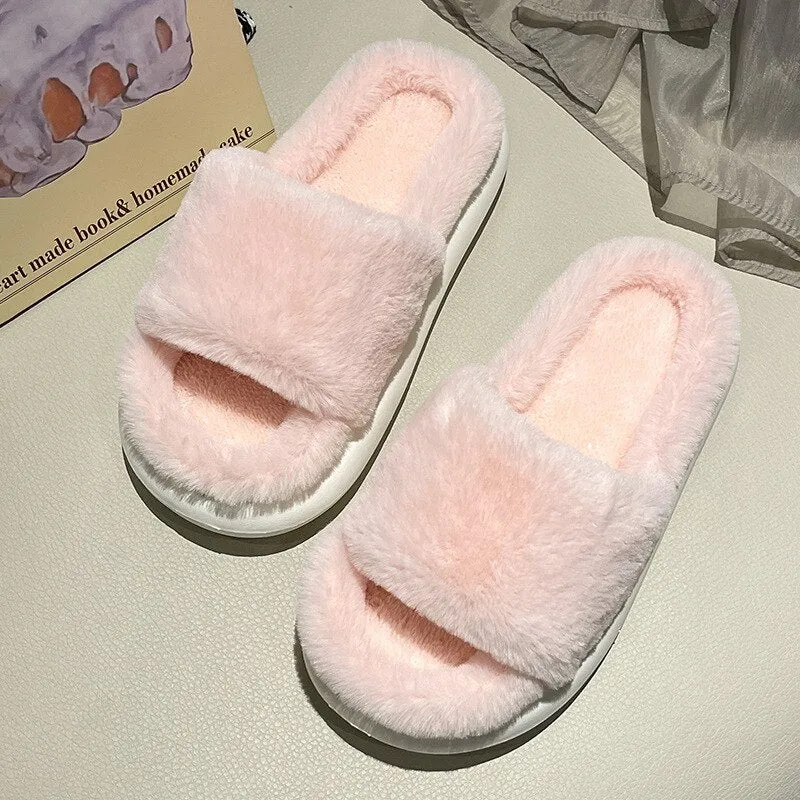 Amozae-Back to College Women's Furry Slippers for Home Winter Indoor Wear Non-slip Thick Soled Fashion Soft Cotton Shoes Woman Large Size Fur Slides