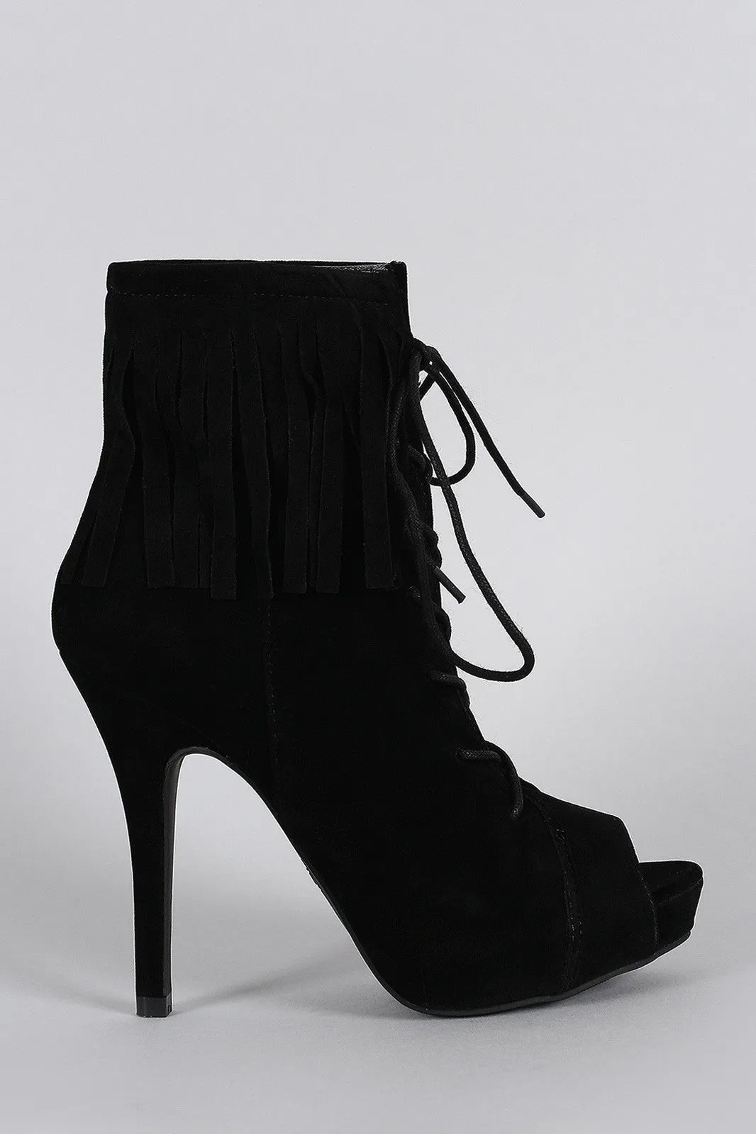 Anne Michelle Fringe Cuff Corset Laces Peep Toe Booties