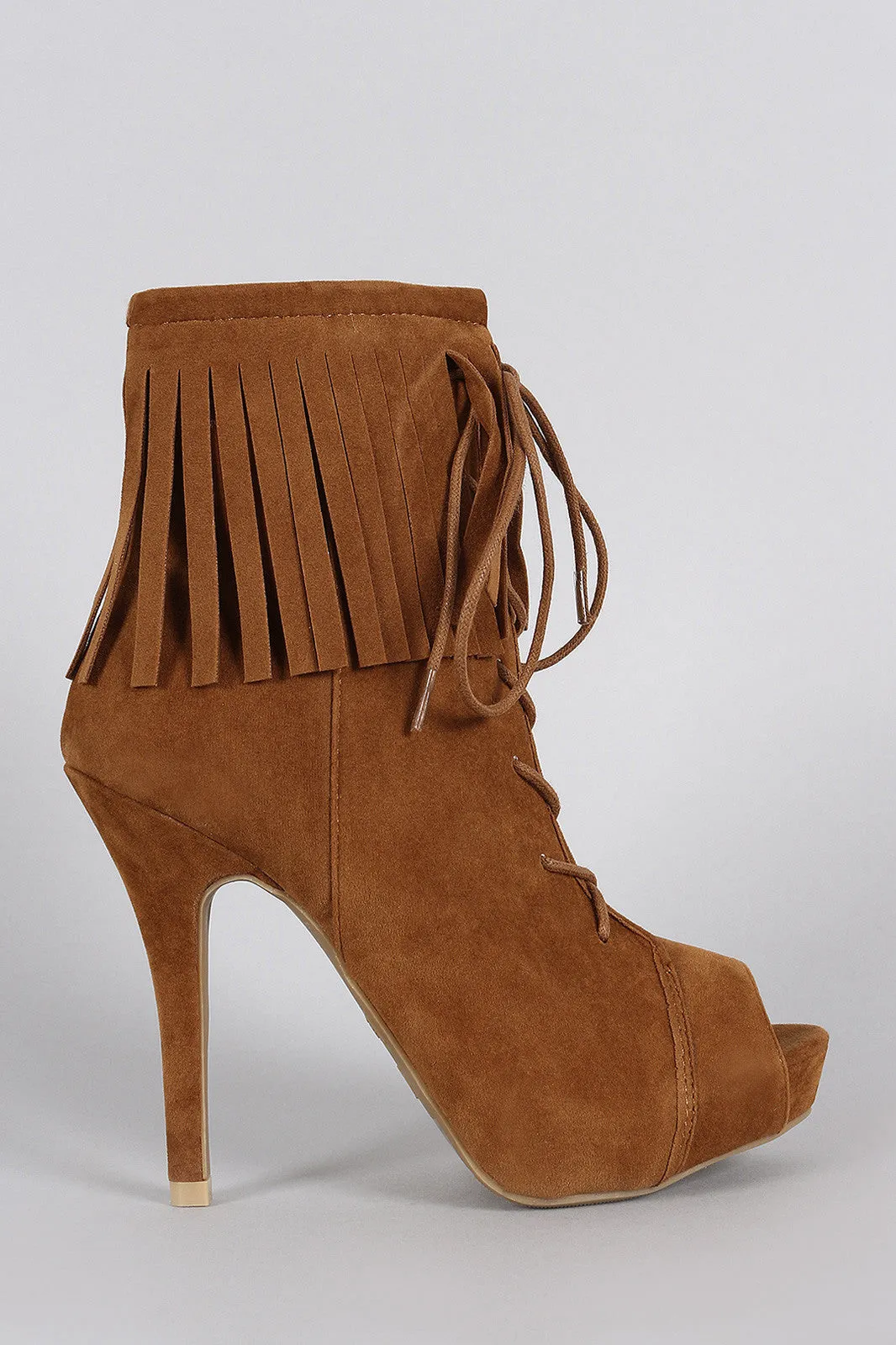 Anne Michelle Fringe Cuff Corset Laces Peep Toe Booties