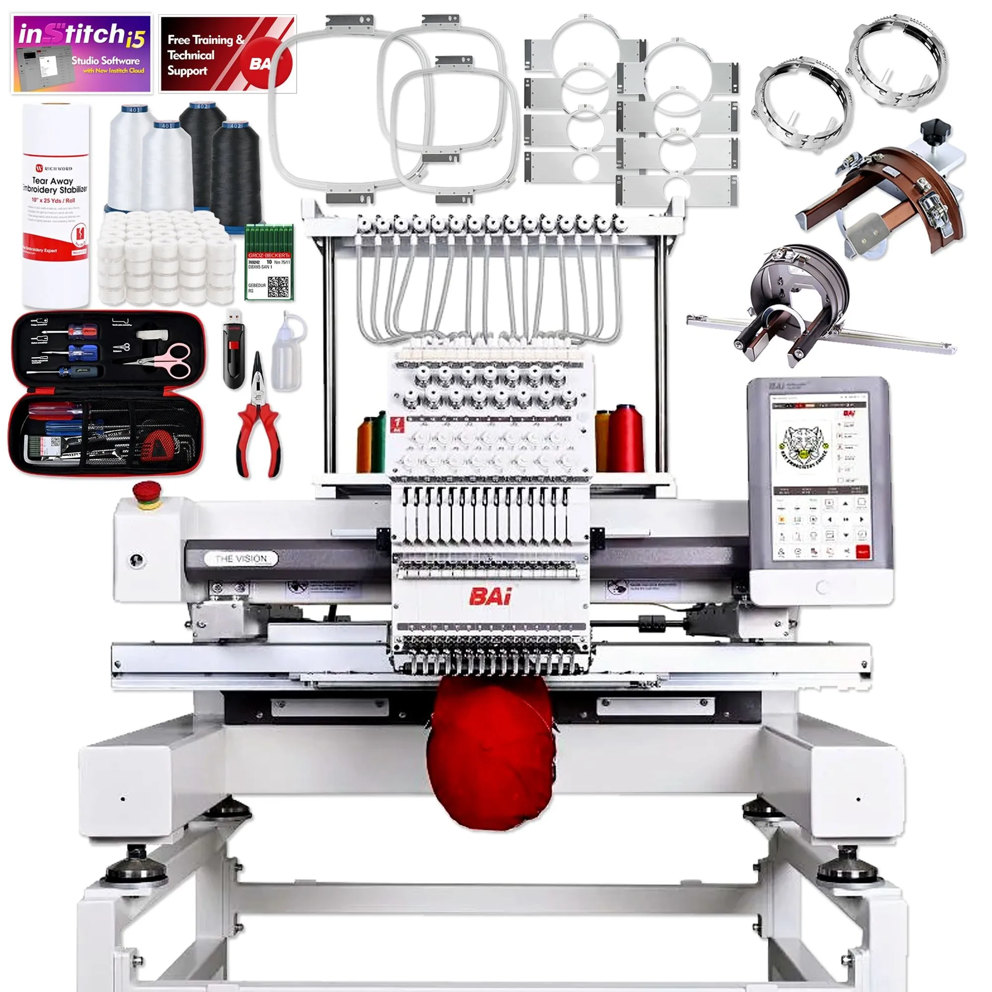 BAi VISION 15 Needle Commercial Embroidery Machine with Mighty Hoop Bundle