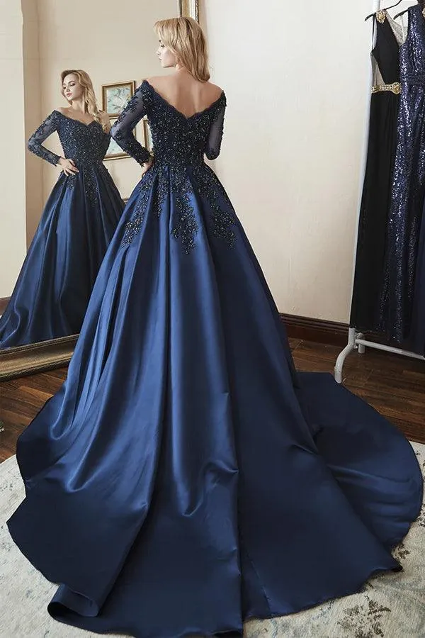 Ball Gown Long Sleeves Off Shoulder Beaded Navy Blue Prom Dress PSK342