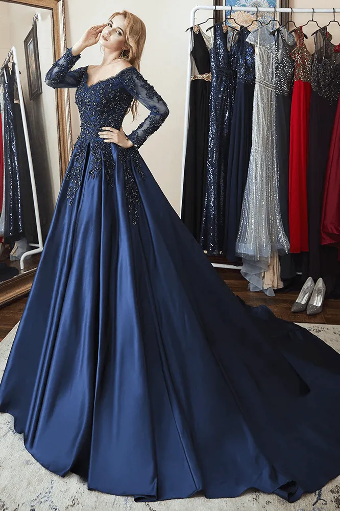 Ball Gown Long Sleeves Off Shoulder Beaded Navy Blue Prom Dress PSK342