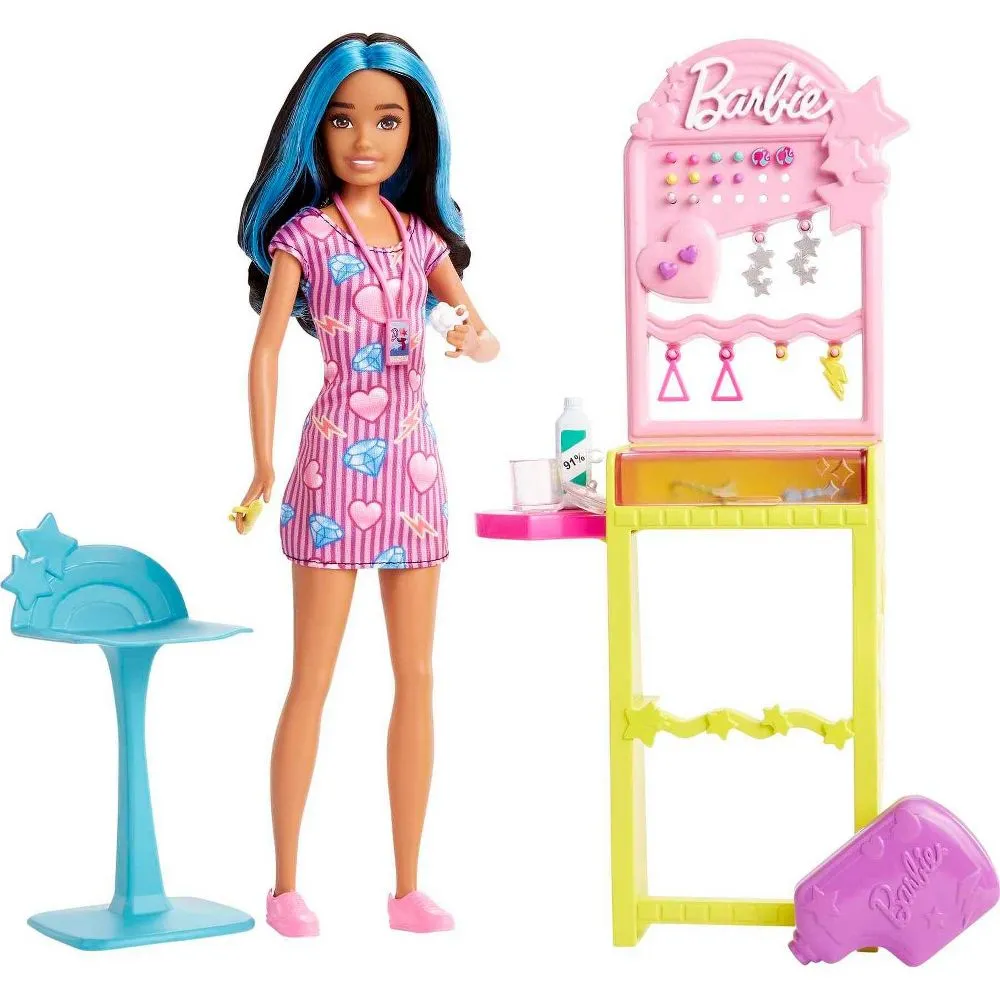 Barbie Skipper Doll and Ear-Piercer Set With Piercing Tool and Accessories, First Jobs