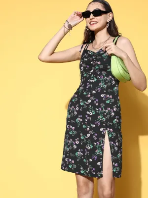 Berrylush Women Black & Green Floral Printed Square Neck Tie-Up Strap Thigh-High Slit Straight Hem Sheath Midi Dress