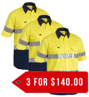 Bisley 3M Taped Two Tone Hi Vis Cool Lightweight Shirt - Short Sleeve-3 Pack-(BS1896-1)