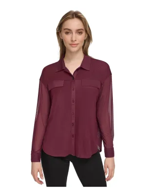 CALVIN KLEIN Womens Burgundy Sheer Faux-pocket Cuffed Sleeve Point Collar Button Up Top