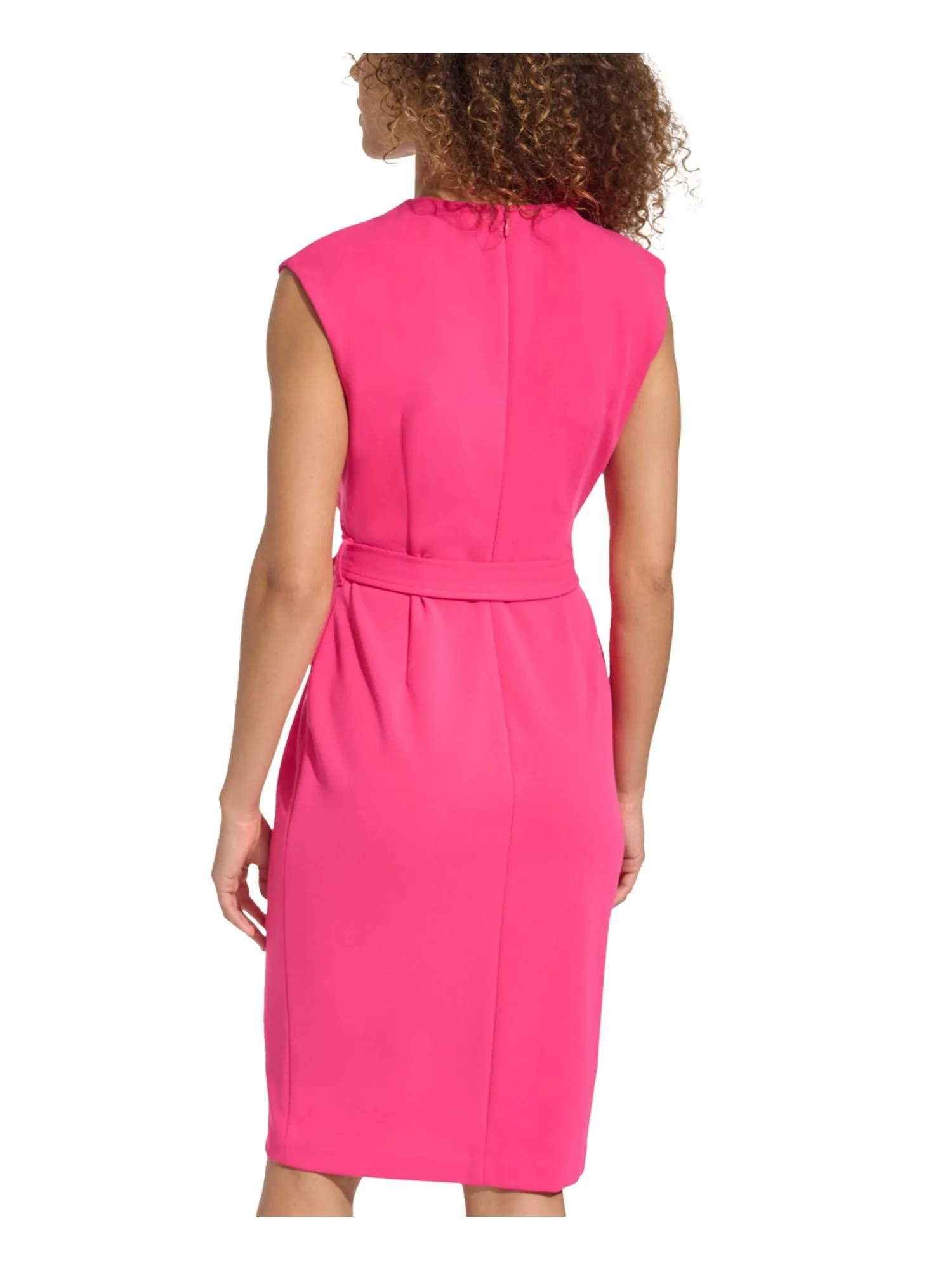 CALVIN KLEIN Womens Pink Pleated Zippered Self-tie Belt Cap Sleeve Jewel Neck Knee Length Wear To Work Sheath Dress