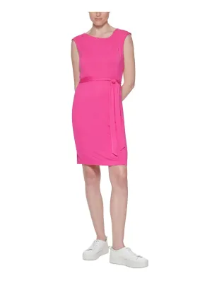 CALVIN KLEIN Womens Pink Stretch Pleated Self-belt At Waist Sleeveless Asymmetrical Neckline Above The Knee Sheath Dress