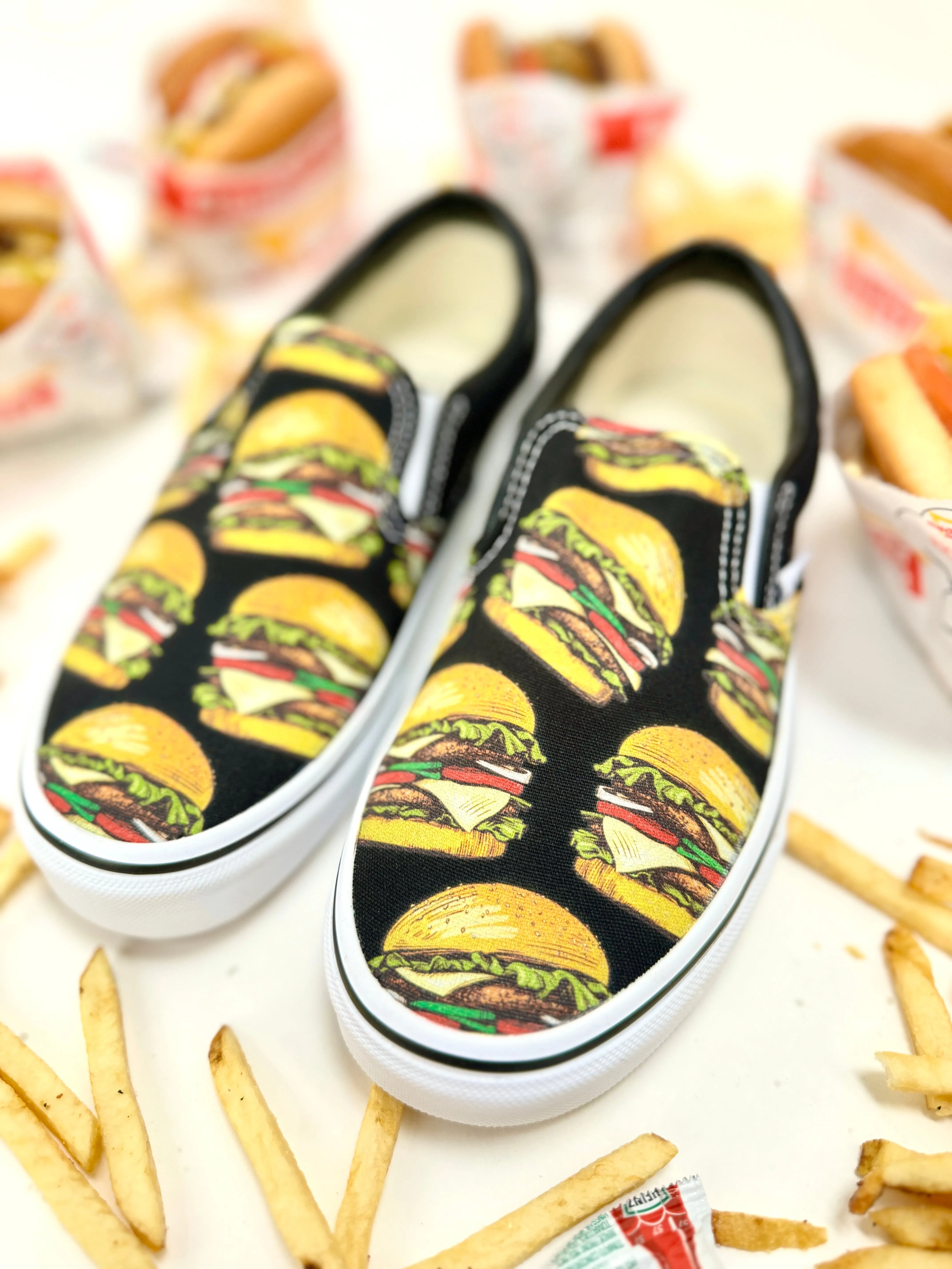 Cheeseburger Slip Ons Vans Shoes - Custom Cheeseburgers on Black Slip Ons for Men and Women