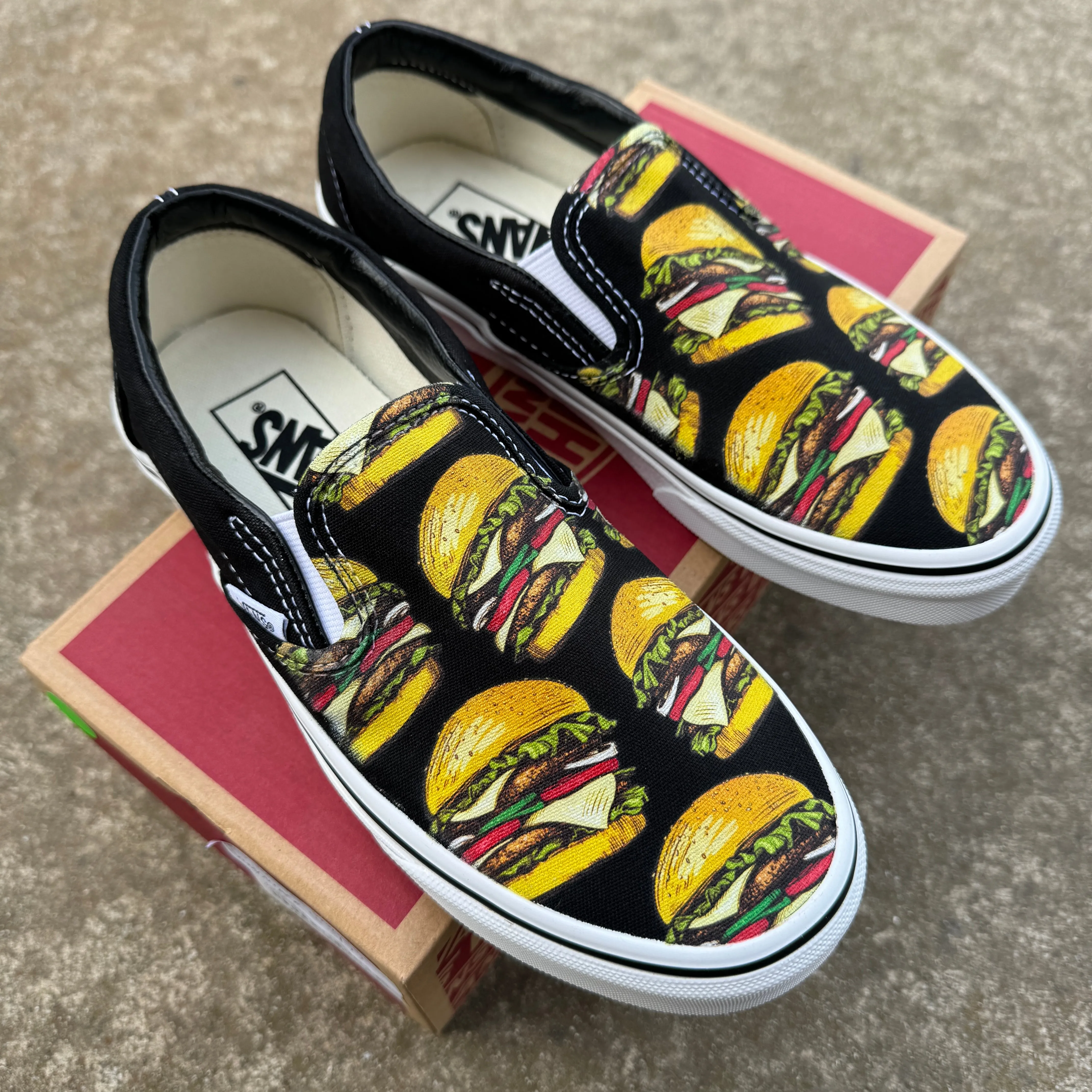 Cheeseburger Slip Ons Vans Shoes - Custom Cheeseburgers on Black Slip Ons for Men and Women