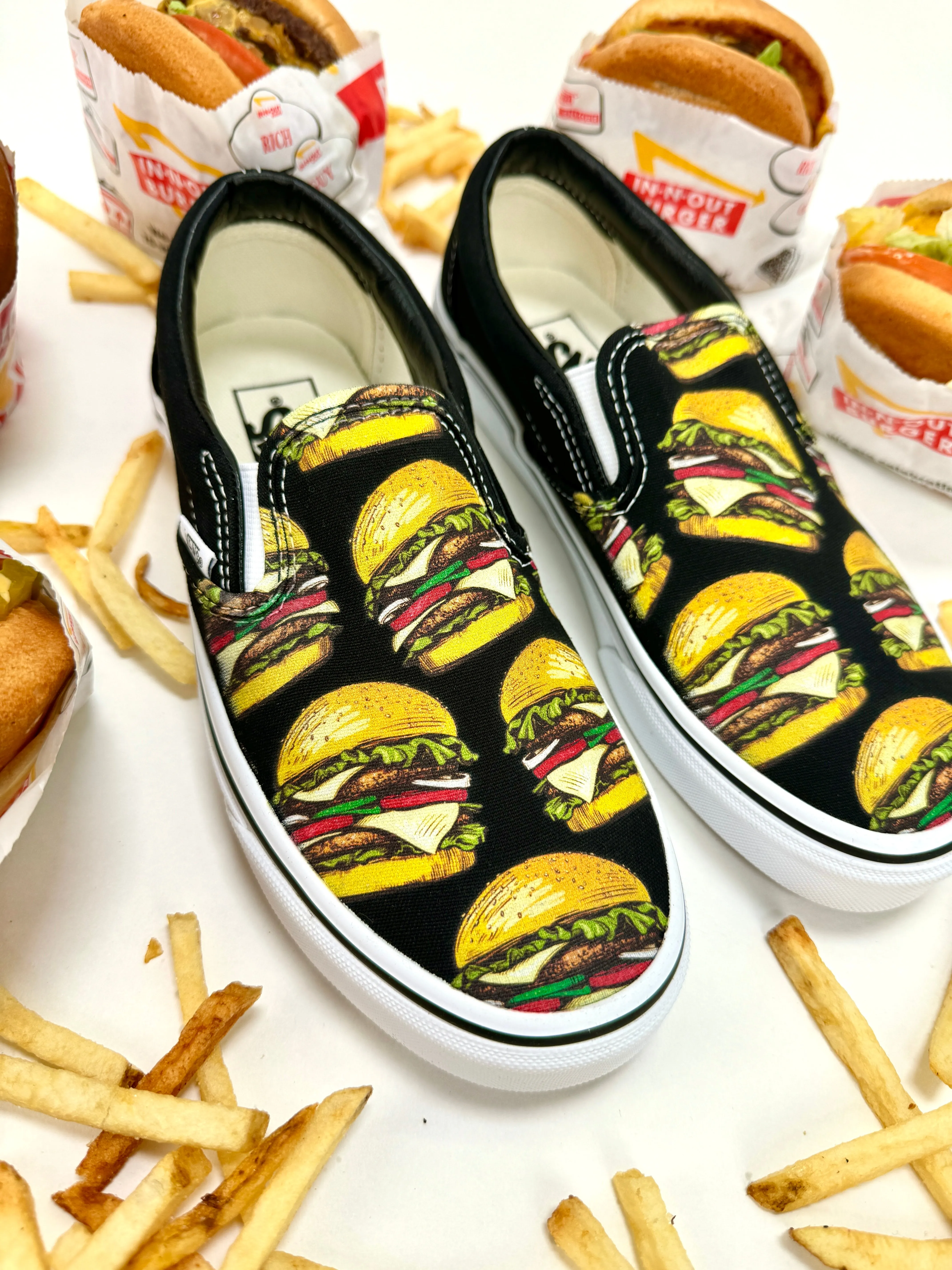 Cheeseburger Slip Ons Vans Shoes - Custom Cheeseburgers on Black Slip Ons for Men and Women