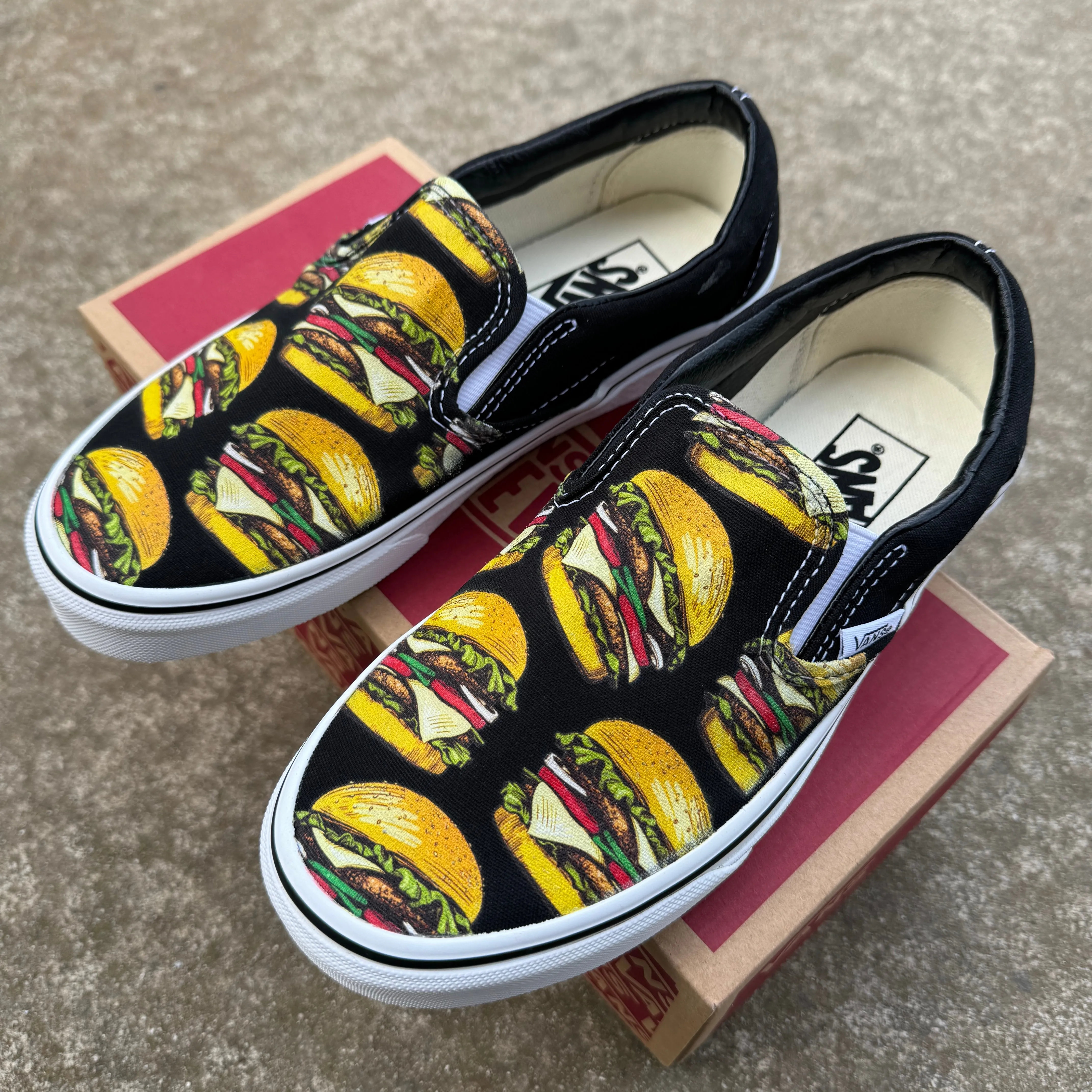 Cheeseburger Slip Ons Vans Shoes - Custom Cheeseburgers on Black Slip Ons for Men and Women