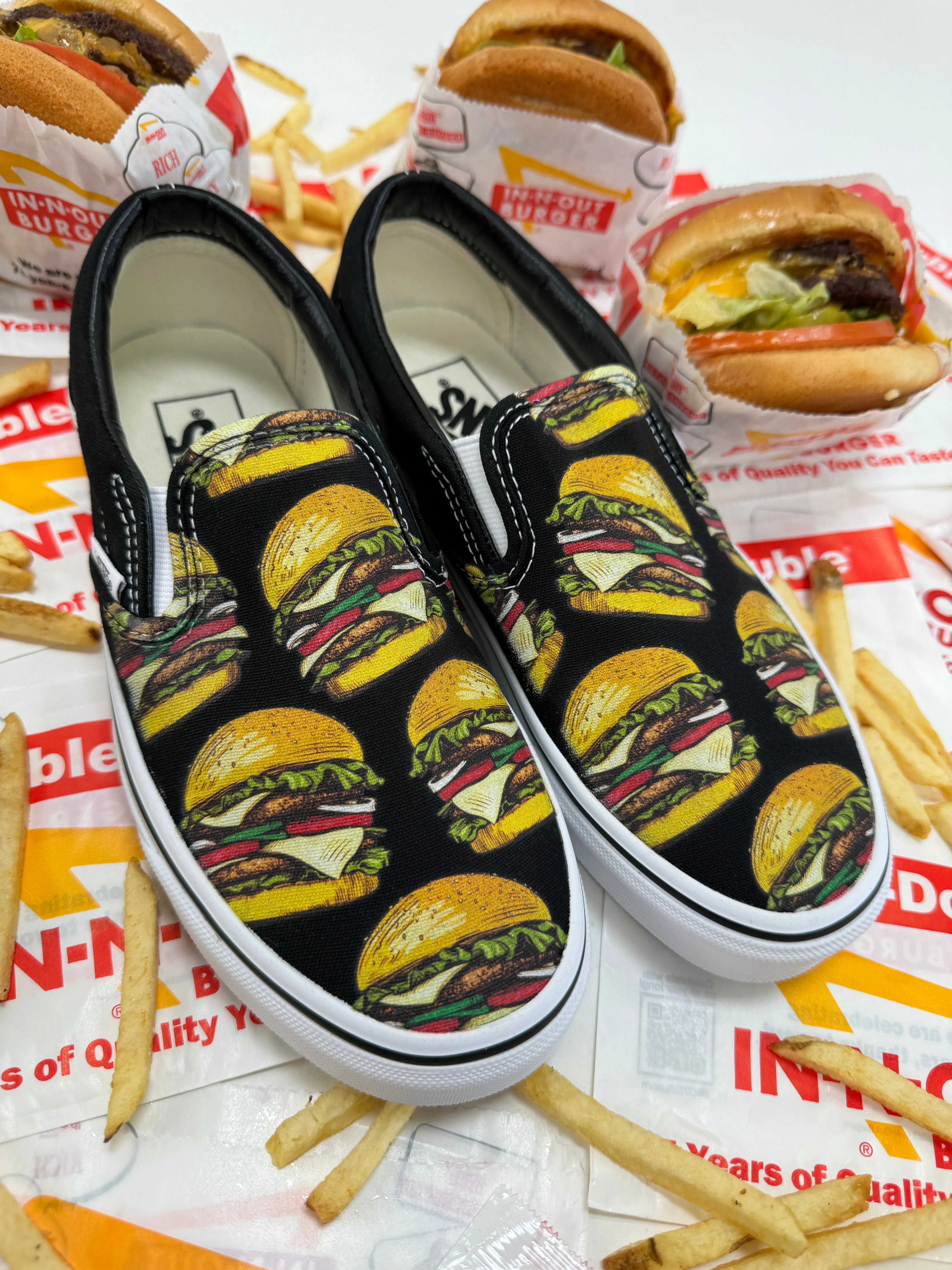 Cheeseburger Slip Ons Vans Shoes - Custom Cheeseburgers on Black Slip Ons for Men and Women