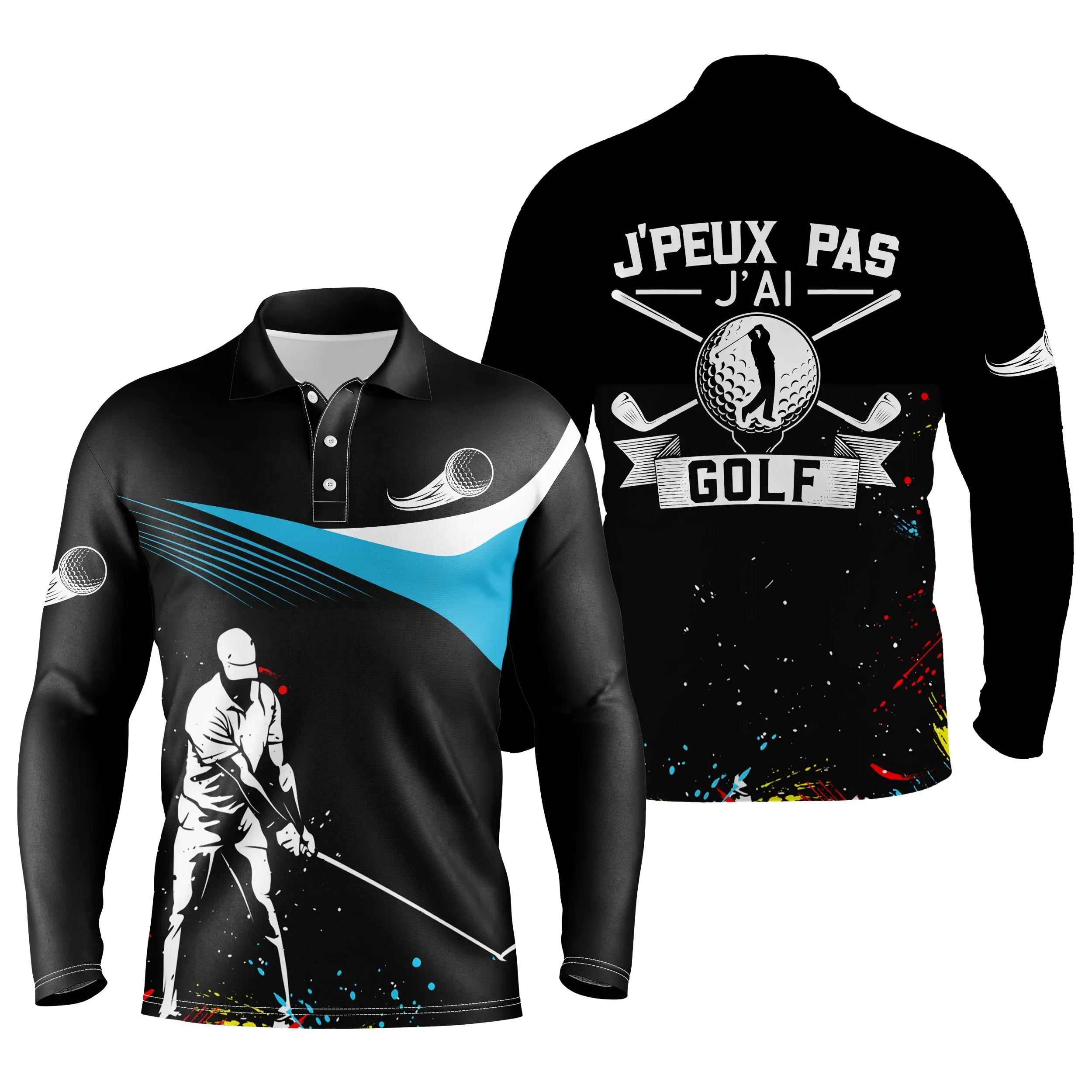 Chiptshirts Polo de Golf, Polo de Sport Manches Longues Homme Femme, Noir et Bleu Ciel, Motif Balle de Golf, Golfeur, Golfeuse, J'peux Pas, J'ai Golf - CT03062229