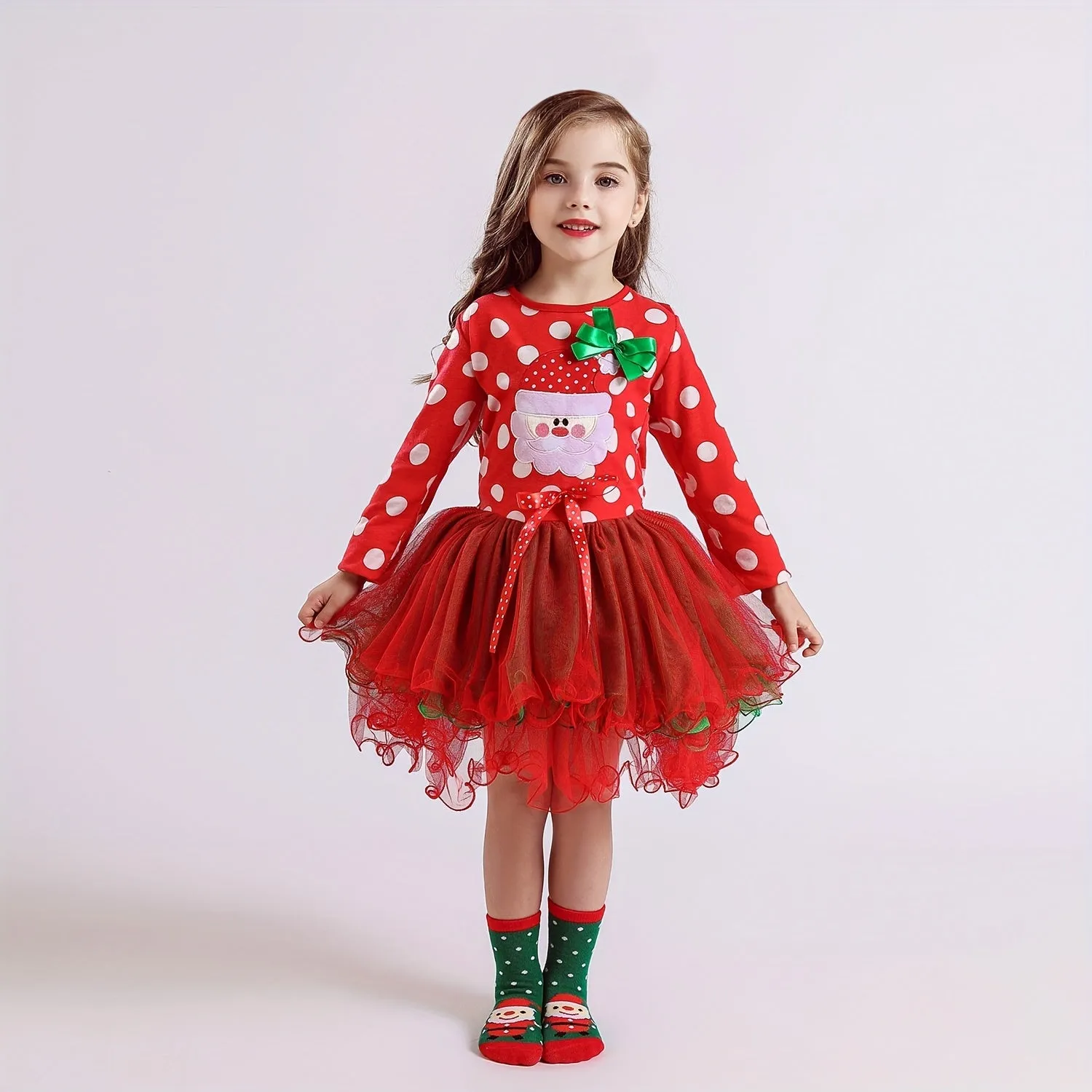 Christmas Baby Girls Long Sleeve Dress, Cartoon Santa Print Mesh Puffy Princess Dress, Baby Holiday Dress Up Performance Dress