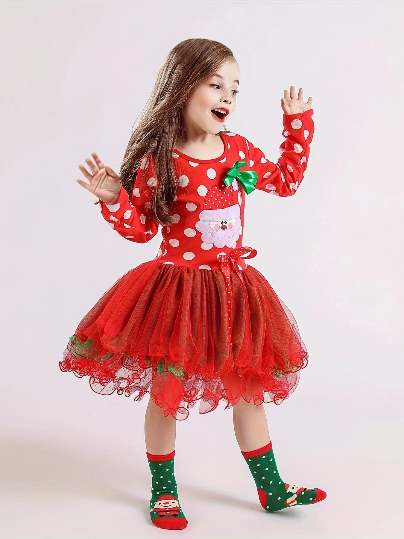 Christmas Baby Girls Long Sleeve Dress, Cartoon Santa Print Mesh Puffy Princess Dress, Baby Holiday Dress Up Performance Dress