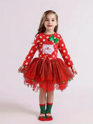 Christmas Baby Girls Long Sleeve Dress, Cartoon Santa Print Mesh Puffy Princess Dress, Baby Holiday Dress Up Performance Dress