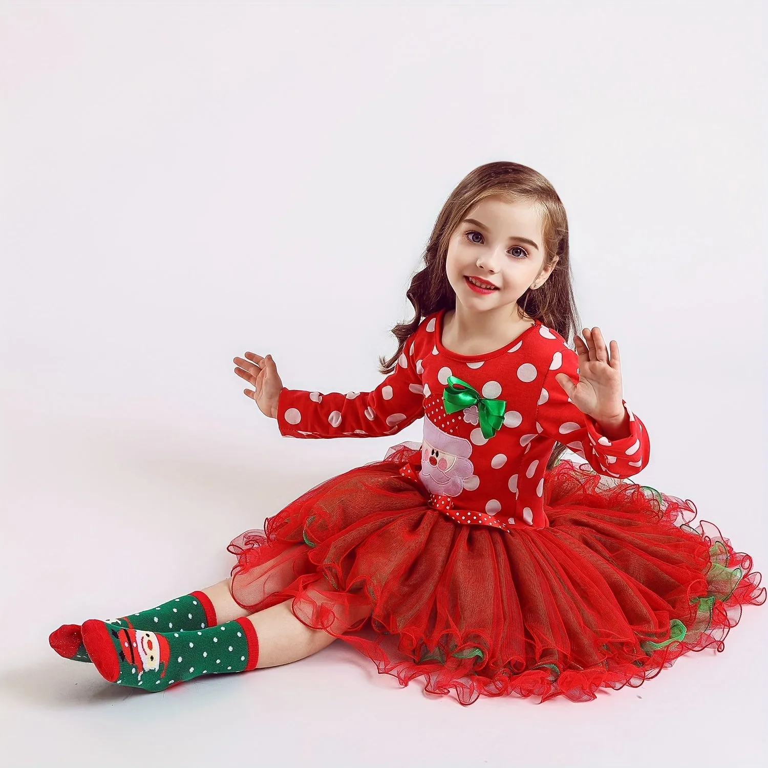 Christmas Baby Girls Long Sleeve Dress, Cartoon Santa Print Mesh Puffy Princess Dress, Baby Holiday Dress Up Performance Dress