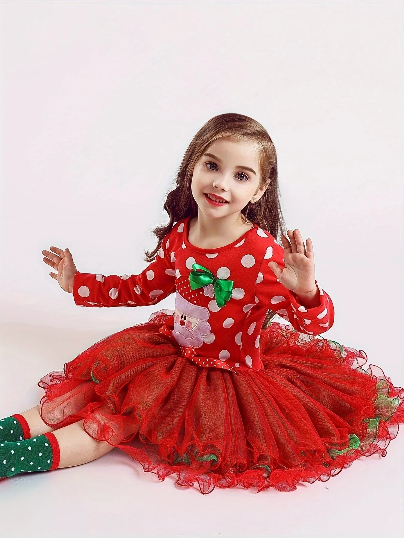 Christmas Baby Girls Long Sleeve Dress, Cartoon Santa Print Mesh Puffy Princess Dress, Baby Holiday Dress Up Performance Dress