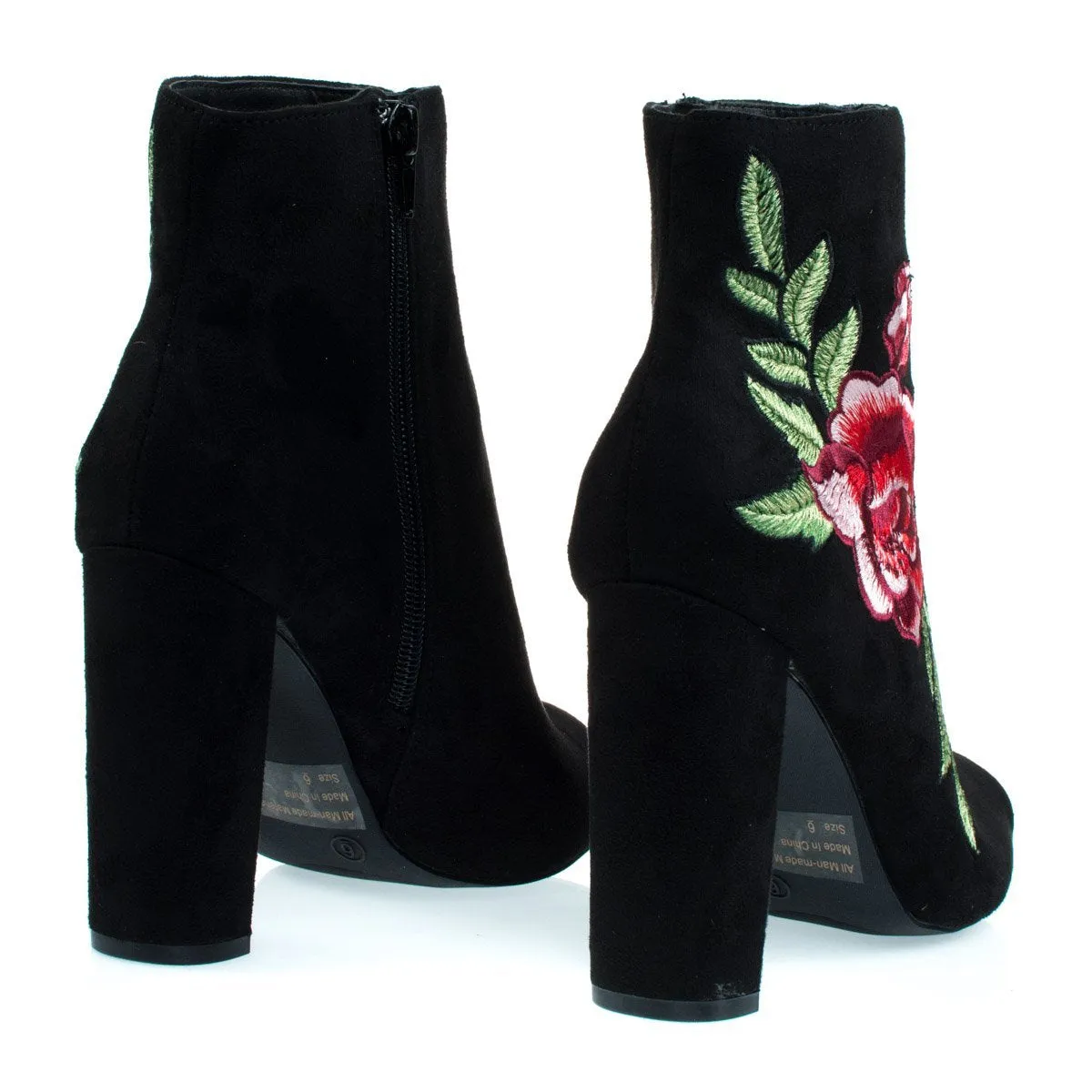 Floral Embroidered Stitching On Peep Toe Chunky Block Heel Ankle Bootie, Dress Shoes