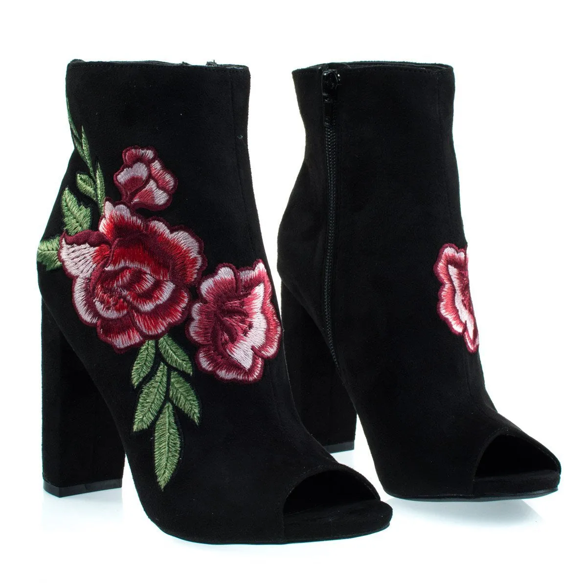 Floral Embroidered Stitching On Peep Toe Chunky Block Heel Ankle Bootie, Dress Shoes