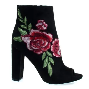 Floral Embroidered Stitching On Peep Toe Chunky Block Heel Ankle Bootie, Dress Shoes