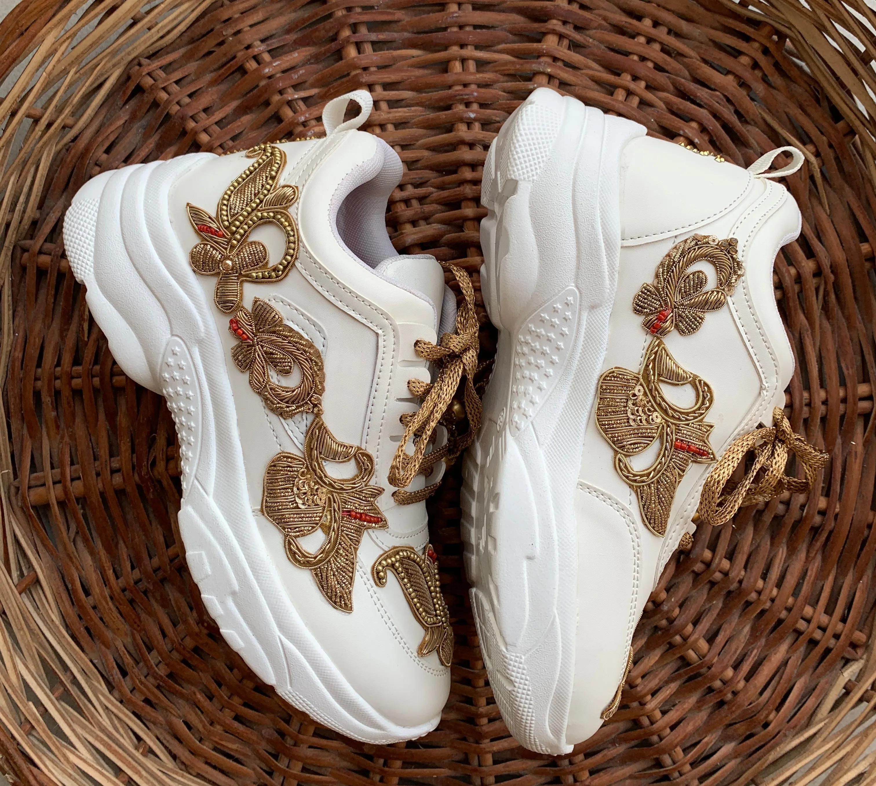 Funky N Trendy zardozi embroidery work bridal sneakers/ bridesmaid sneaker / golden sneakers