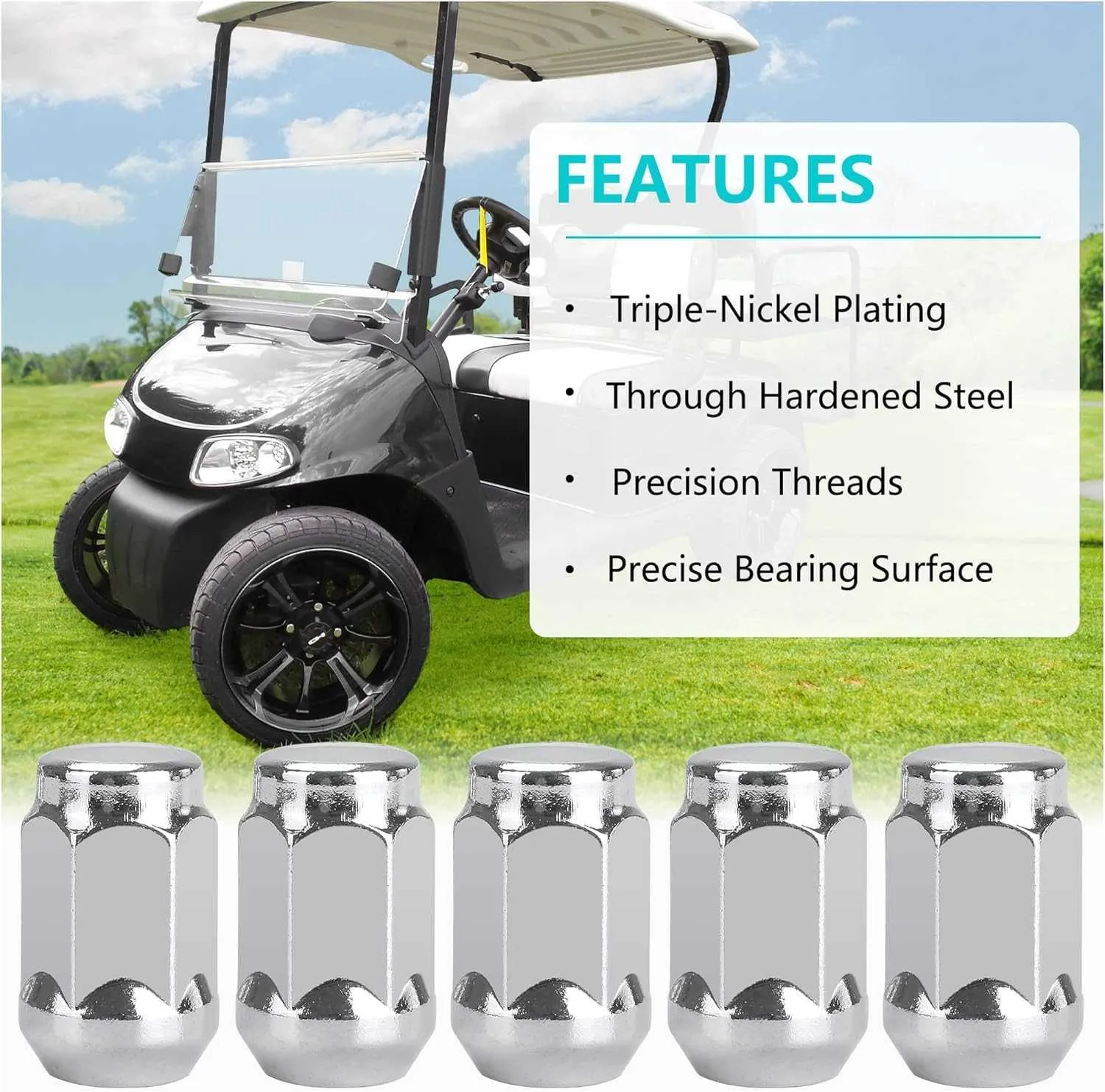 Golf Cart Wheel Lug Nuts Universal for EZGO & Club Car Chrome 16 PCS - 10L0L