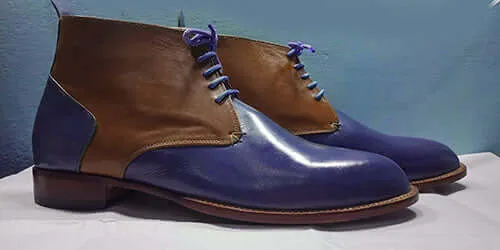 Handmade Men's Ankle High Boot, Men's Blue Brown Leather Lace Up Casual Boot.