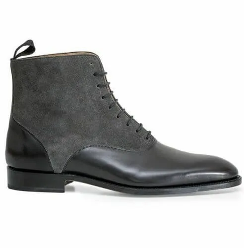 Handmade Men's Ankle High Boot, Men's Pure Black Leather & Suede Formal Boot