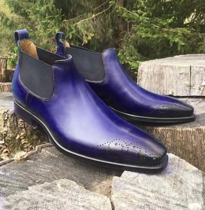 Handmade Men's Half Ankle Chelsea Boot, Men's Blue Black Tone Leather Chelsea Casual Boot.