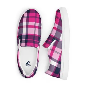 Hot Pink and Navy Blue Preppy Surfer Plaid Men’s Slip On Canvas Shoes