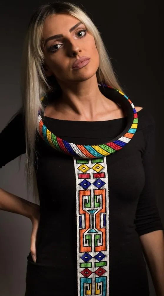 Isigolwani (neck ring) with beaded tie necklace (Torso/ Thigh length) - Multicoloured