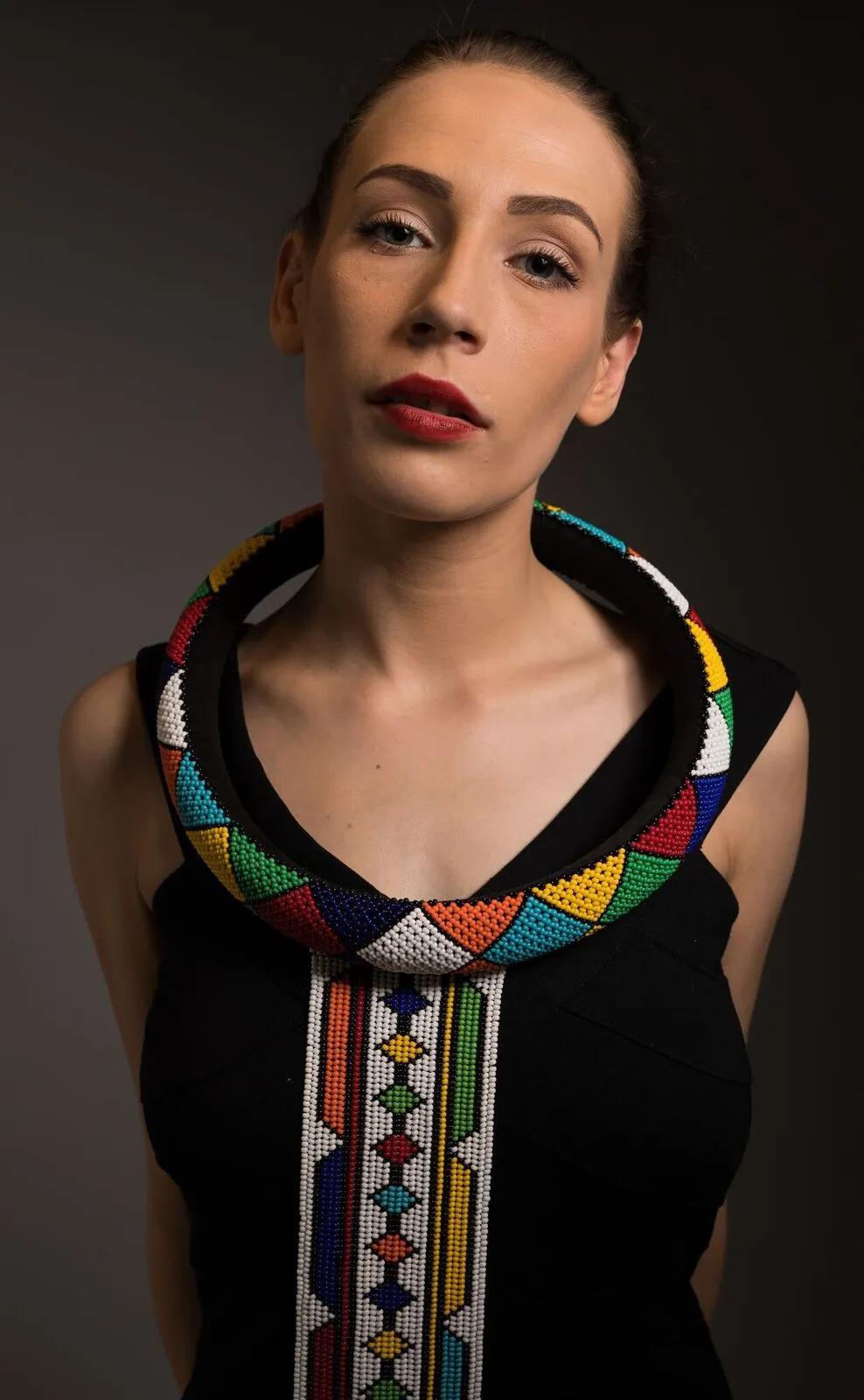 Isigolwani (neck ring) with beaded tie necklace (Torso/ Thigh length) - Multicoloured