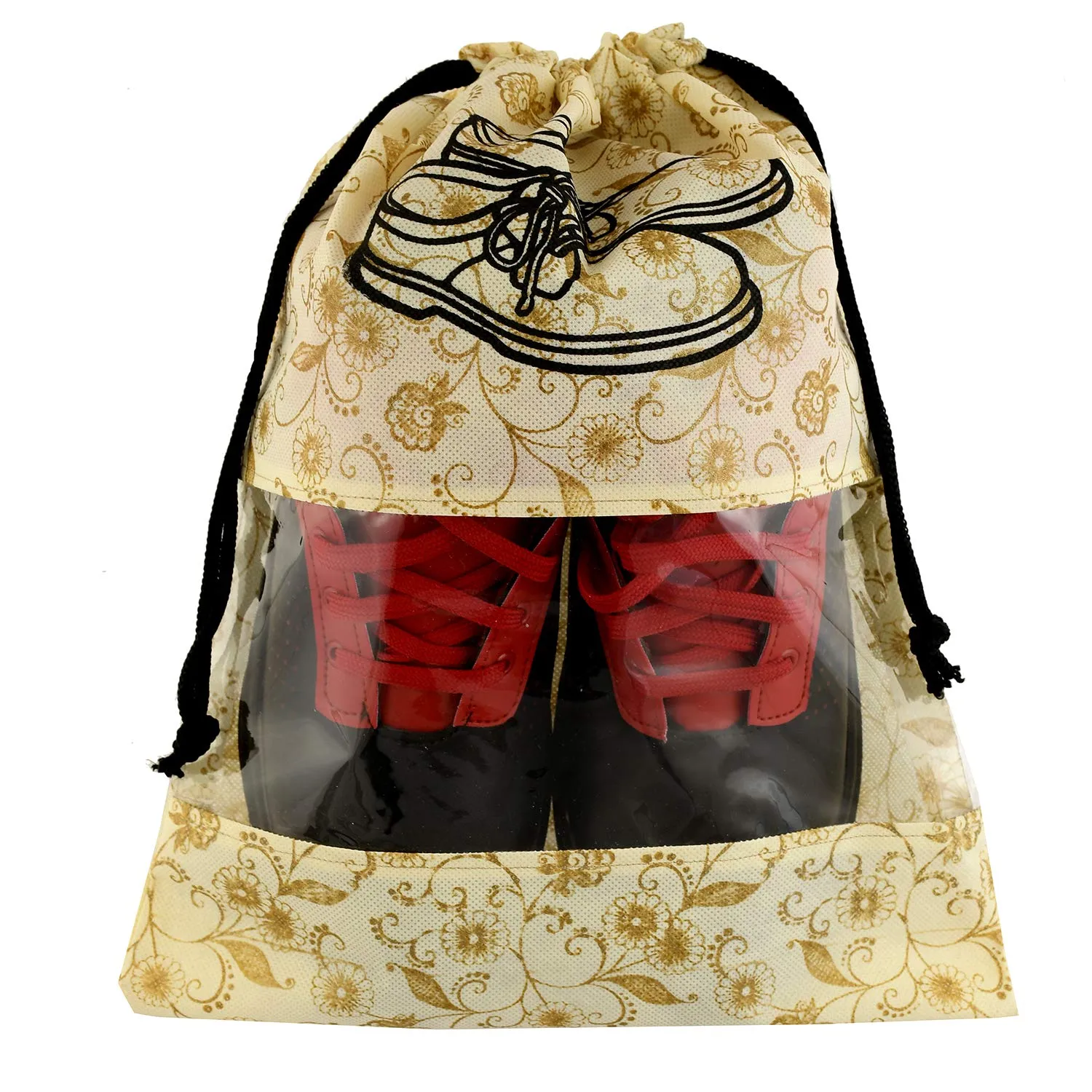 Kuber Industries Metalic Floral Design Non Woven Travel Shoe Cover/String Bag Organizer|Durable Drawstring|One Transparent Window|Size 43 x 30 CM|Pack of 12 (Brown)-CTMTC039503