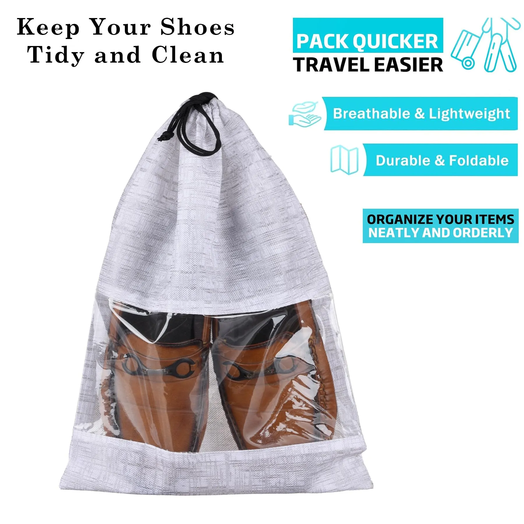 Kuber Industries Shoe Bags | Shoe Bags for Travel | Drawstring Shoe Storage Bags | Storage Organizers Set | Shoe Cover with Transparent Window | Shoe Pouches | Jute-Print | Pack of 6 | Gray