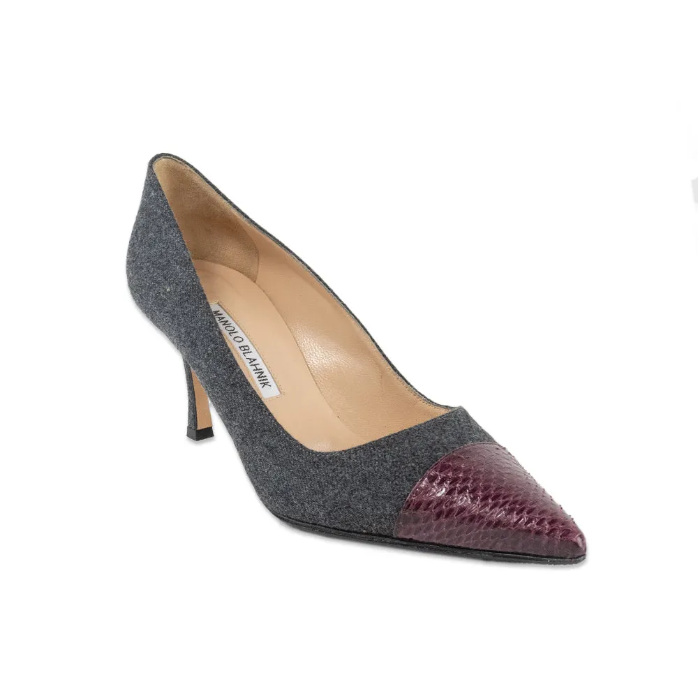 Manolo Blahnik Gray Kitten Heels with a Purple Snakeskin Toe Accent