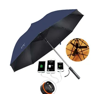 Mustbe Strong Golf Umbrella Built-In Fan, USB Charging Outdoor UV Protection Umbrella Windproof Waterproof Keeps You Cool for Holiday Beach, Travel,Blue