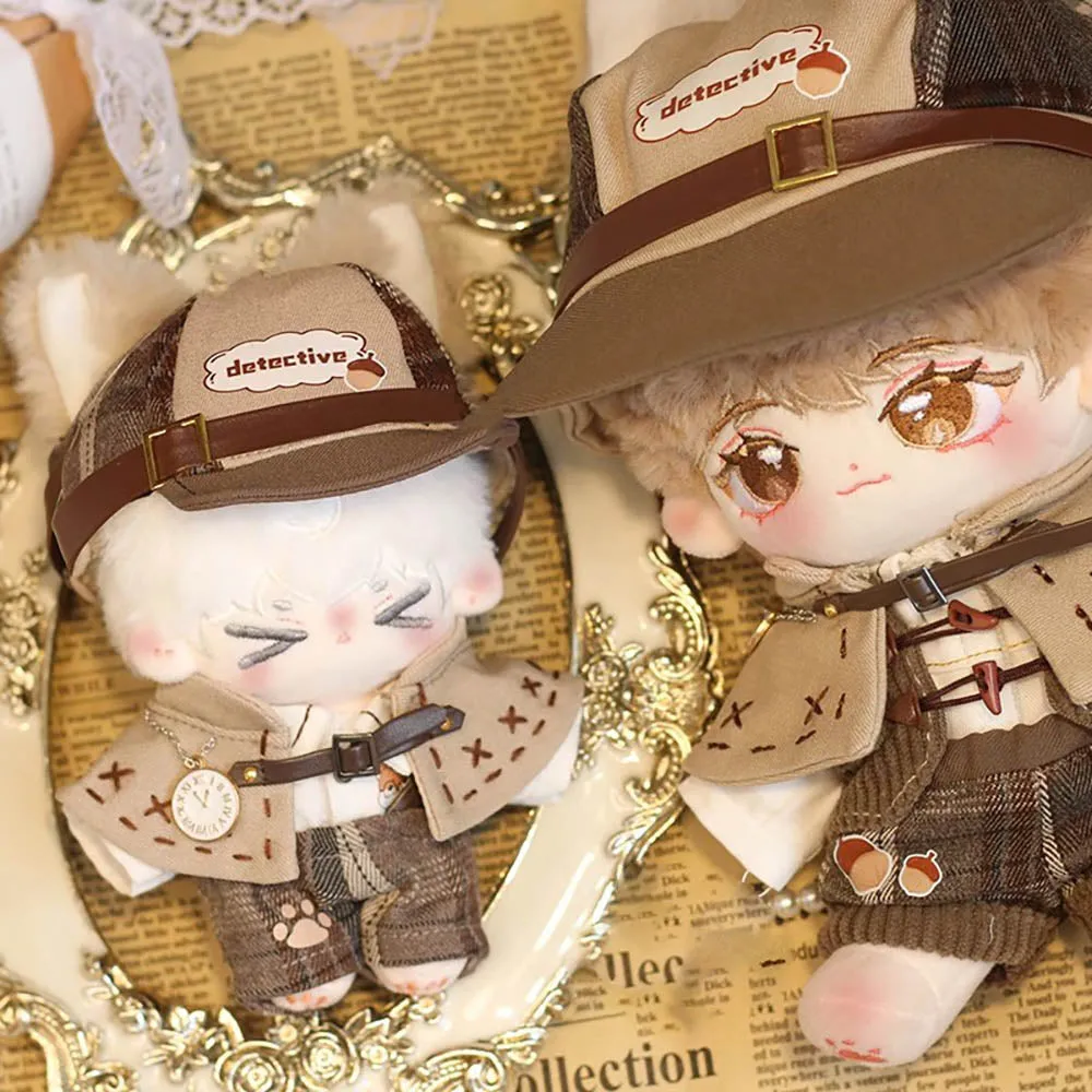 niannyyhouse 10cm Doll Clothes Brown Hat Shirt Strap Pants Shawl Leather Shoes Vintage Detective Suit Soft Plush Toy Dress Up