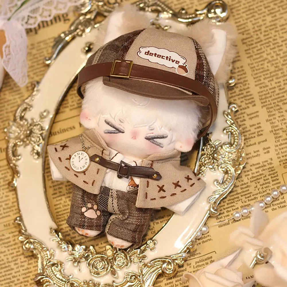 niannyyhouse 10cm Doll Clothes Brown Hat Shirt Strap Pants Shawl Leather Shoes Vintage Detective Suit Soft Plush Toy Dress Up