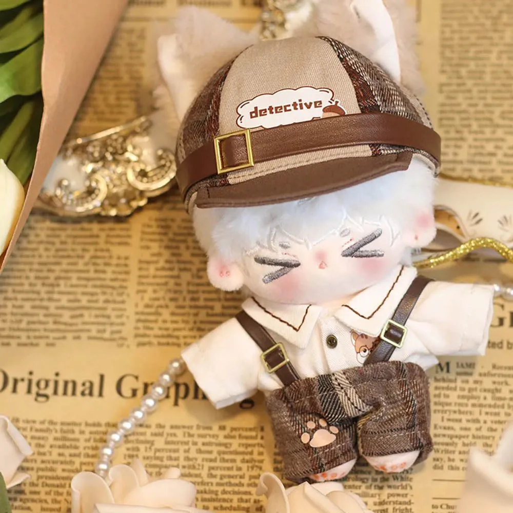 niannyyhouse 10cm Doll Clothes Brown Hat Shirt Strap Pants Shawl Leather Shoes Vintage Detective Suit Soft Plush Toy Dress Up