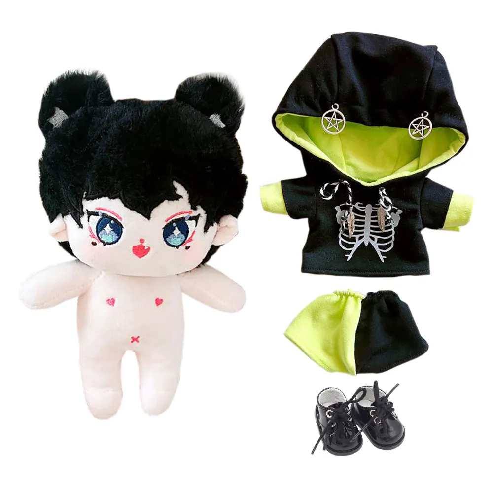 niannyyhouse 20cm Plush Doll Humanoid Stuffed Body Hoodie Pants Leather Shoes Kpop Doll Clothes