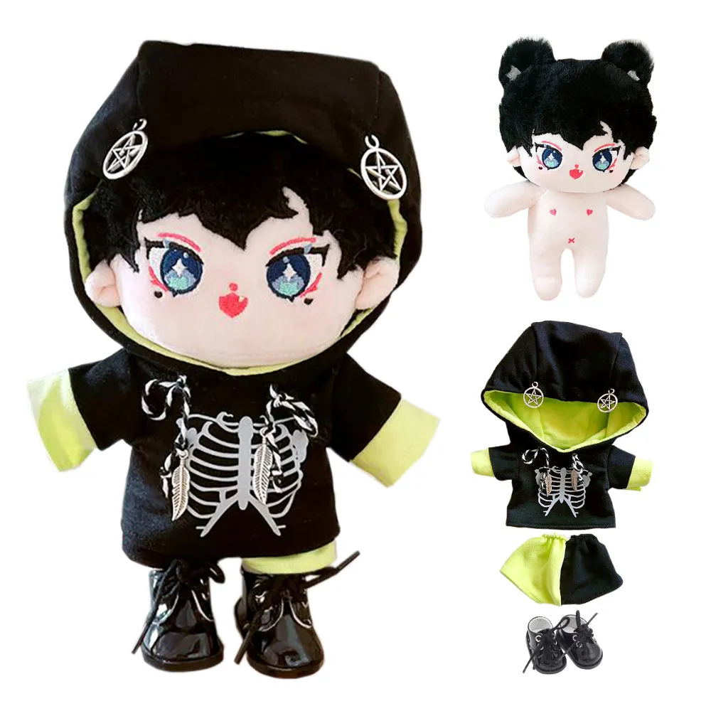 niannyyhouse 20cm Plush Doll Humanoid Stuffed Body Hoodie Pants Leather Shoes Kpop Doll Clothes