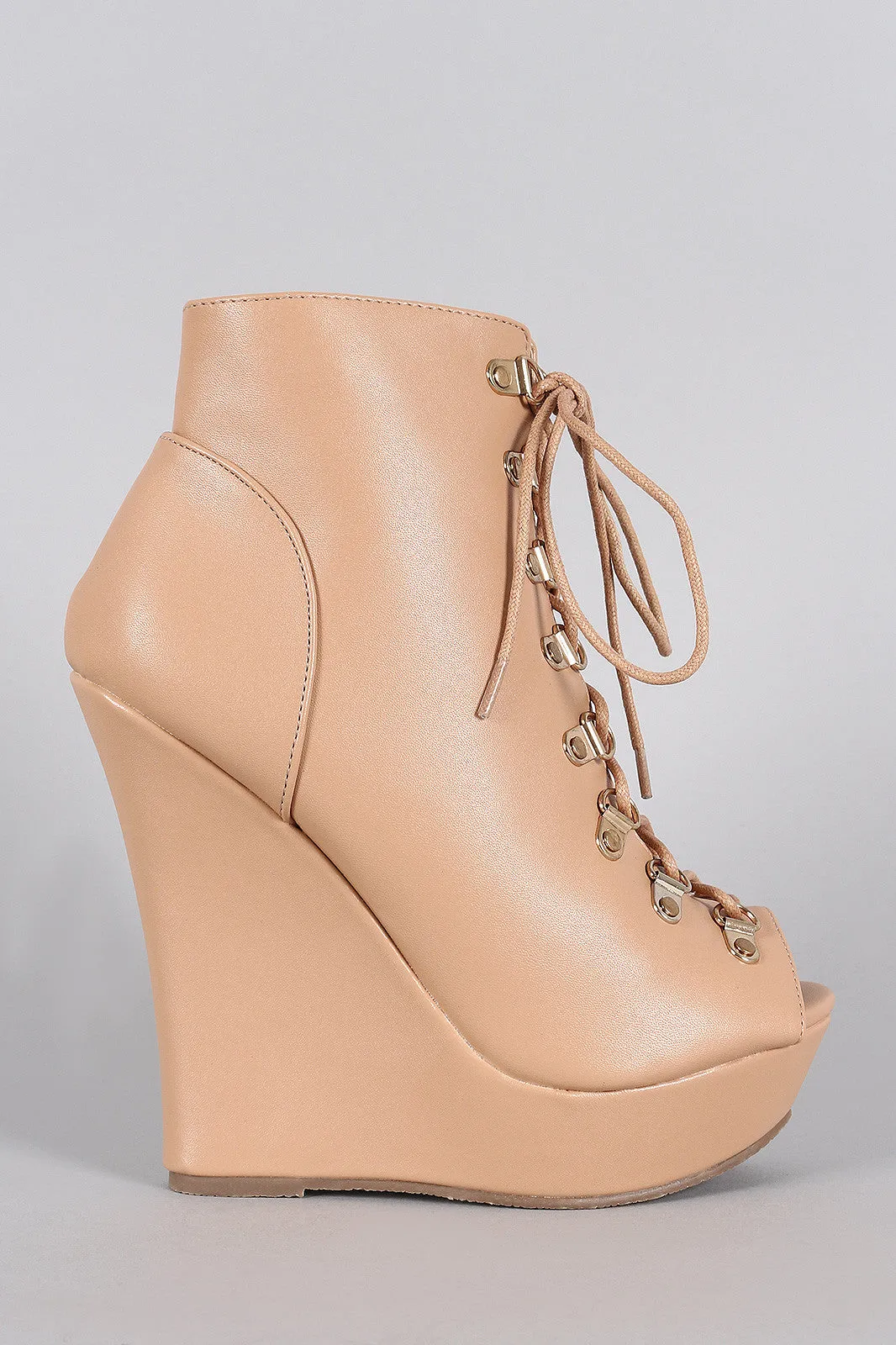 Peep Toe Lace Up Platform Wedge Booties